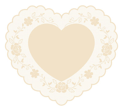 Vintage heart lace frame with roses. Romantic crochet style lace doily clipart for wedding invitations. Whimsy floral embroidery handkerchief with mesh texture, scalloped borders.