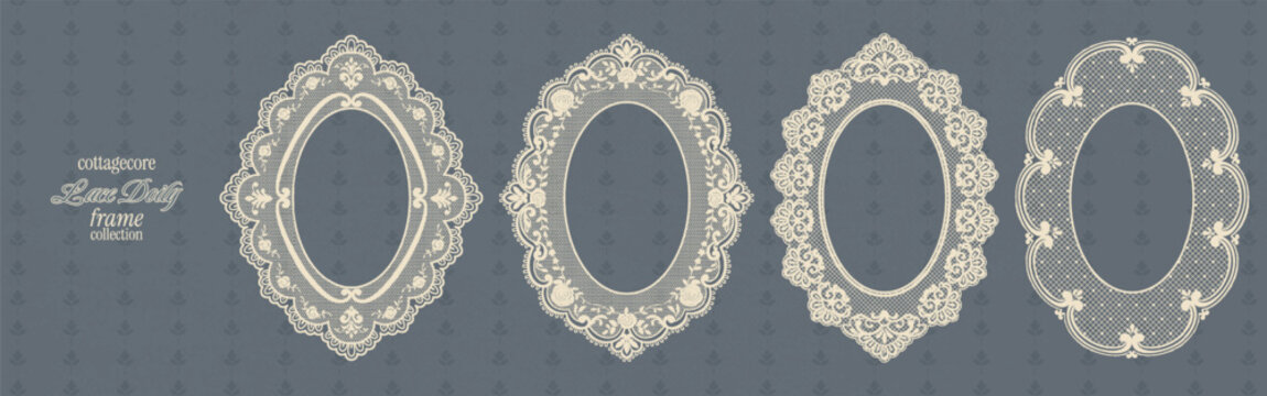 Vintage lace frame set. Elegant Victorian style doilies with floral. Classic antique embroidery oval borders.Whimsy silhouettes for baby shower cards, garden party.Paper crochet lace with mesh shapes.