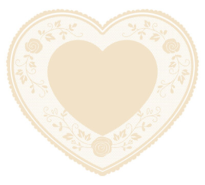 Vintage heart lace frame with rose garlands. Elegant crochet style ornament and floral border for wedding invitation cards. Whimsical lace doily clipart with mesh texture.