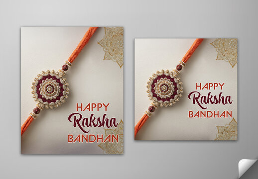 Editable Happy Raksha Bandhan Greeting Card Social Media Post Template Set with Beautiful Floral Rakhi on Grey Background.