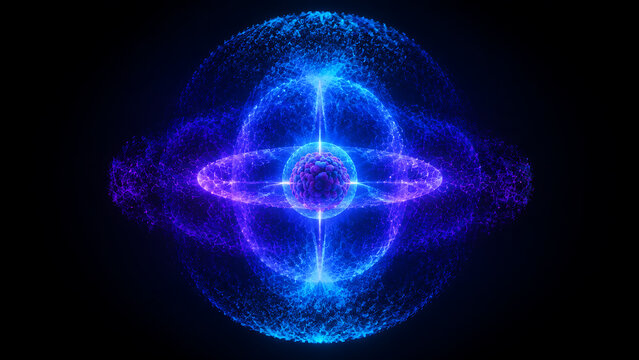 Quantum atom model with orbiting electrons and glowing energy field visualization | Abstract physics representation of atomic structure
