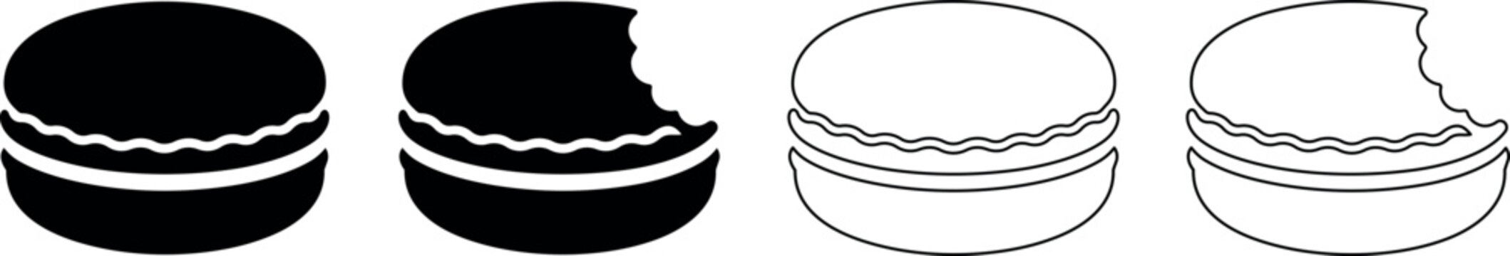 Set of simple icons representing macarons, one with a bite taken out