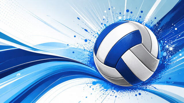 Blue and white volleyball ball with dynamic motion lines and abstract splashes