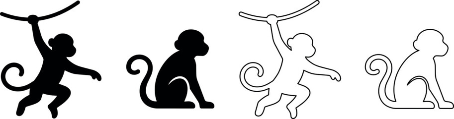Set of monkey silhouettes, one swinging on a vine, another sitting © Santiago
