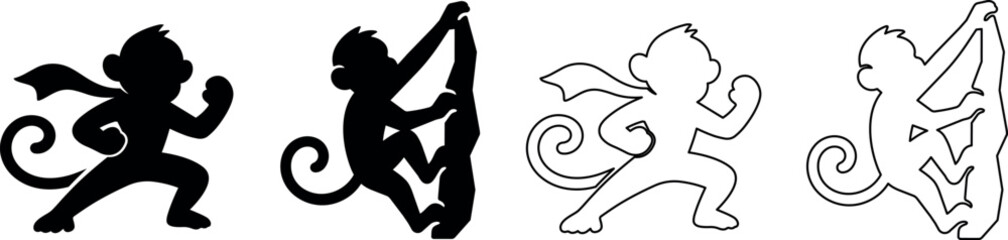Stylized monkey silhouettes in various poses, black and white graphic designs © Santiago