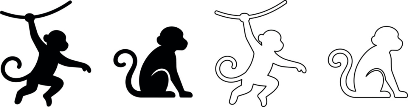 Set of monkey silhouettes, one swinging on a vine, another sitting
