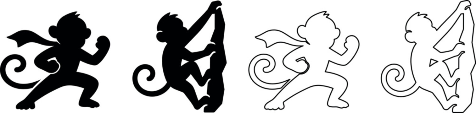 Stylized monkey silhouettes in various poses, black and white graphic designs