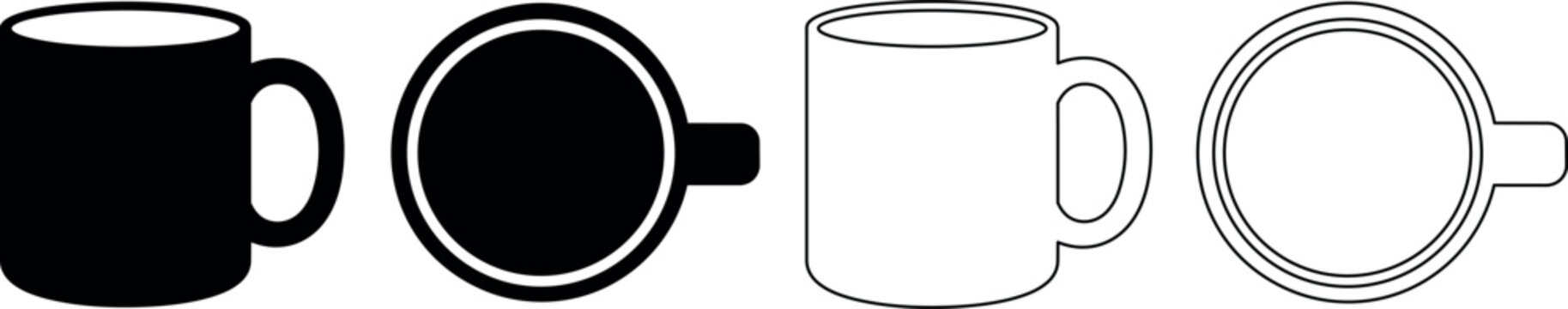 Set of black and white mug icons showing different perspectives and styles