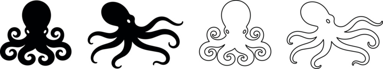 Collection of stylized octopus silhouettes and outlines on a white background © Santiago