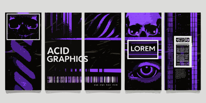 Acid graphics poster templates purple and black distressed vector illustration
