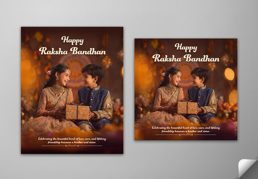 Editable Happy Raksha Bandhan Greeting Card Social Media Post Template Set with Indian Brother and Sister in Traditional Attire Exchanging a Gift Photo.