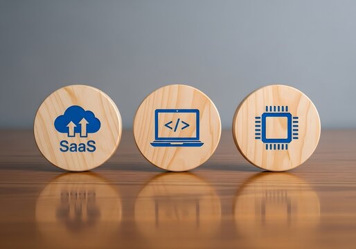 Saas software development and hardware technology concept on wooden circular blocks