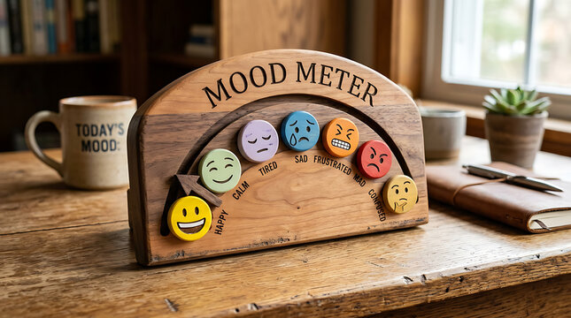 Mood meter with colorful emoticons on wooden desk in office  emotions and feelings concept transparent background