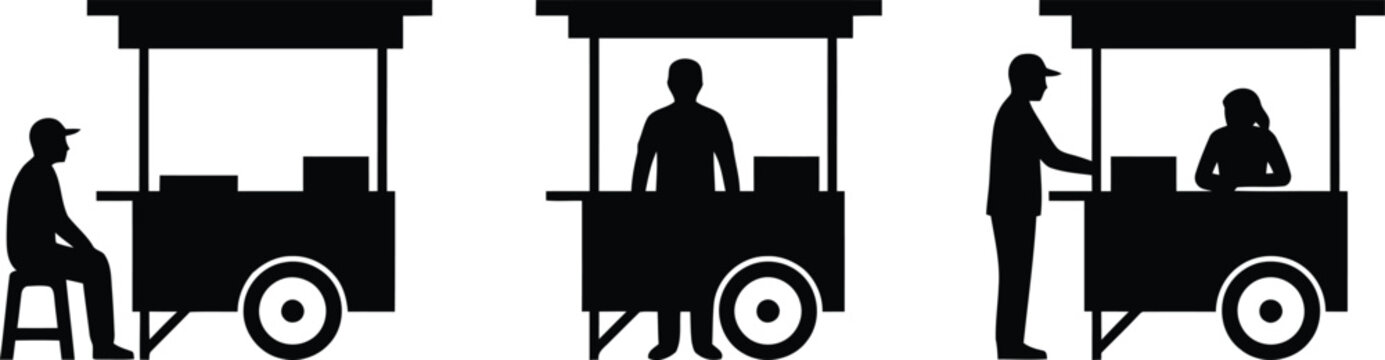 Three silhouettes of people interacting with mobile food carts in sequence