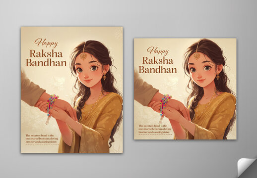Editable Happy Raksha Bandhan Greeting Card Social Media Post Template Set with Illustration of Sister Tying Rakhi on Brother Wrist.