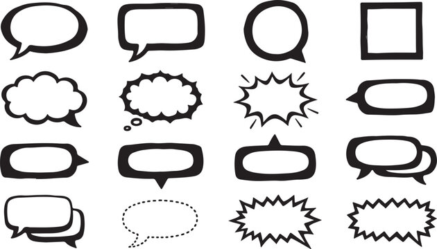 Modern speech bubbles and dialog box collection geometric talk and thought shapes for chat design web icons and mobile app interface elements isolated on transparent background.