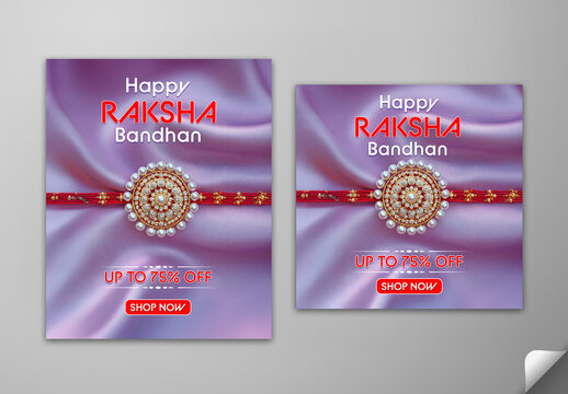 Editable Happy Raksha Bandhan Sale Social Media Post Template Set with Decorative Pearl Rakhi on Purple Fabric Background and Up to 75 Percent Discount.