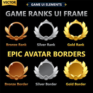 Game Ranks UI Frames and Epic Avatar Borders Set with Laurel Wreaths, Gold, Silver, Bronze