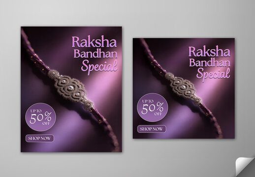 Editable Raksha Bandhan Sale Social Media Post Template Set with 50 Percent Discount Off on Gradient Dark Purple Background.