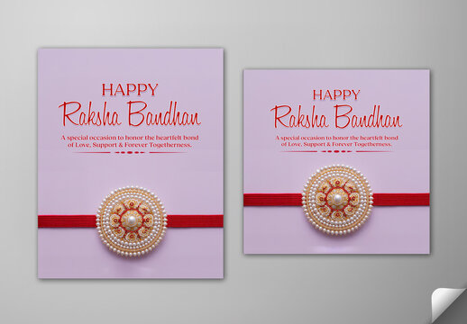 Editable Happy Raksha Bandhan Greeting Card Social Media Post Template Set with Beautiful Pearl Rakhi on Purple Background.