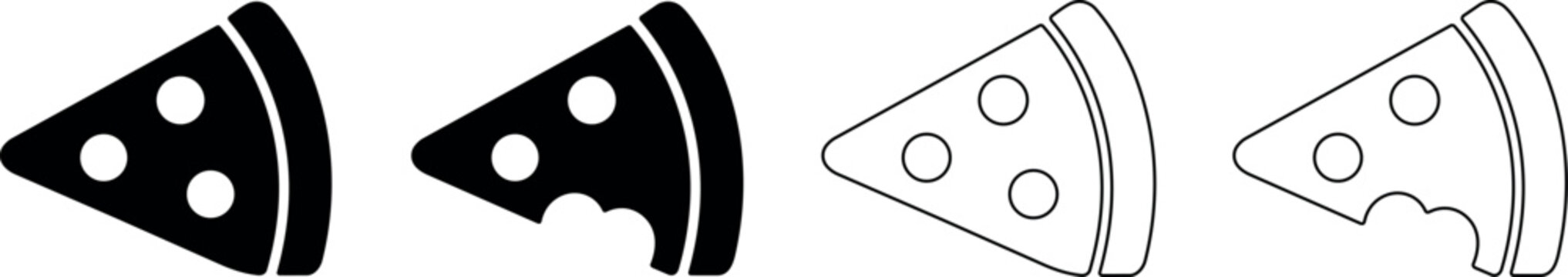 Set of pizza slice icons, solid and outline with bite marks