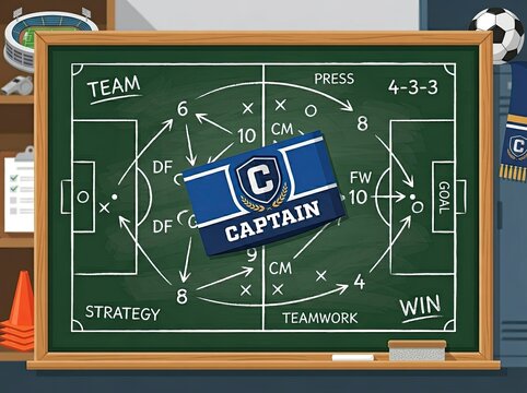Soccer team strategy on chalkboard with captain.