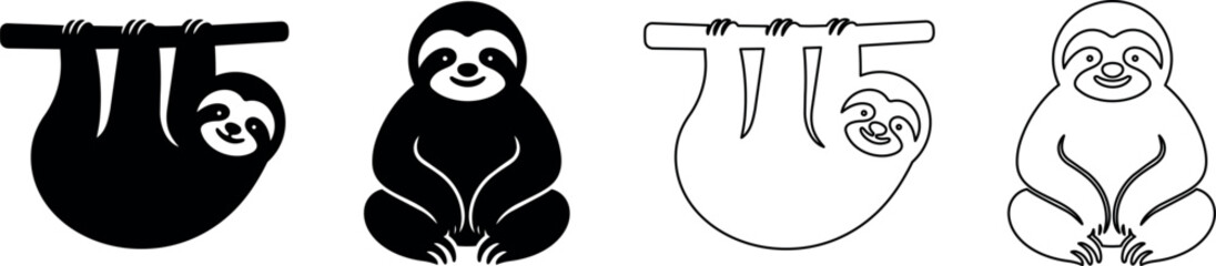 Fototapeta premium Set of stylized sloth icons in black and white, showing different poses