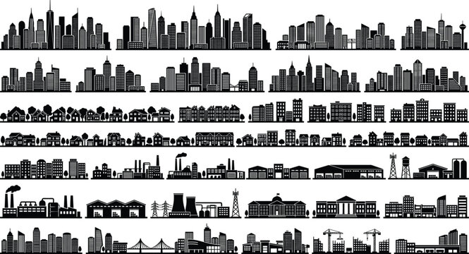 City skyline silhouette mega vector set featuring urban skyscrapers residential suburban houses industrial factories and building construction sites