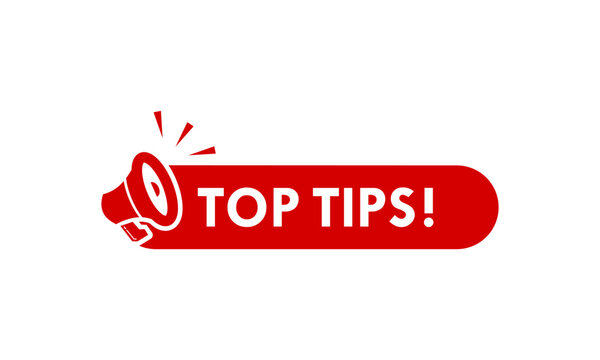 Top tips vector logo design with light bulb icon inside yellow circle and speech bubble tag. Creative helpful advice or recommendation sign isolated on white background.
