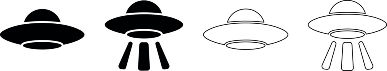 Set of four stylized UFO flying saucer icons in black and white © Santiago