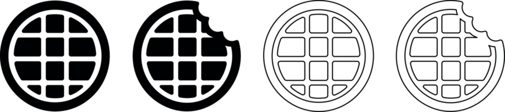 Set of four waffle icons, two solid and two outline, one with a bite mark