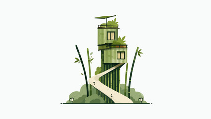 A modern multi-level bamboo house stands in a lush green garden setting © arif