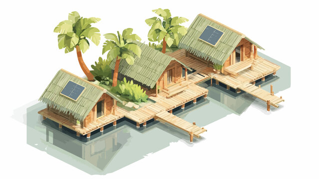 A set of wooden huts on stilts above the water with palm trees