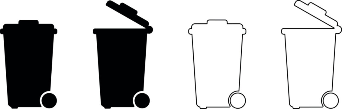 Set of trash can icons, solid black and outline versions with open and closed lids