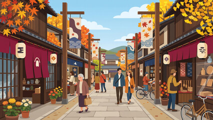 Obraz premium Traditional Japanese Autumn Street Scene with Wooden Storefronts and Fall Foliage