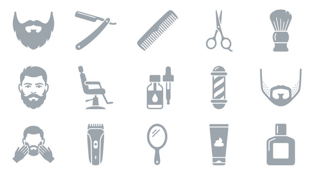 Collection of grooming and barber tools icons for men's beard care and styling.