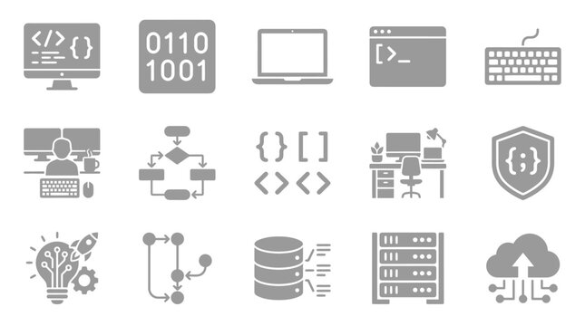 Collection of gray icons representing various aspects of computer programming and technology development.