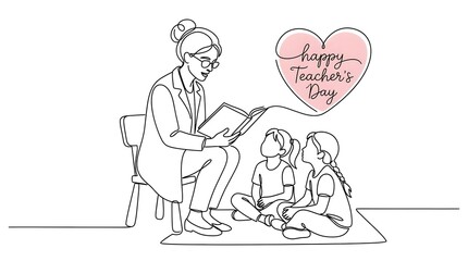 Fototapeta premium Happy teachers day illustration with a woman reading to two children