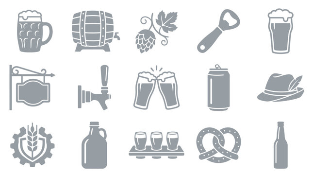 Collection of beer-related icons including a mug, barrel, hops, bottle opener, and pretzel.