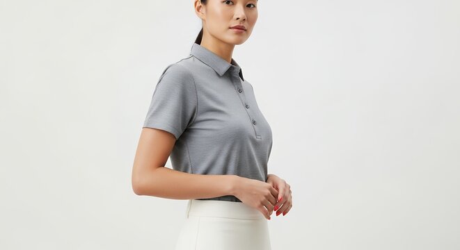 Woman in gray polo shirt stands against plain white background