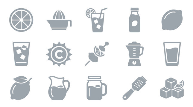 Collection of flat icons representing lemons, drinks, and related kitchen tools.