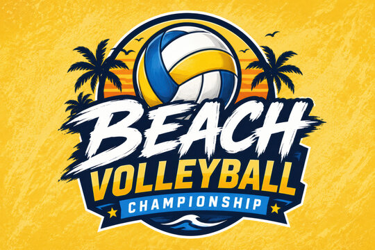 Beach volleyball championship logo design with a ball and tropical palm trees