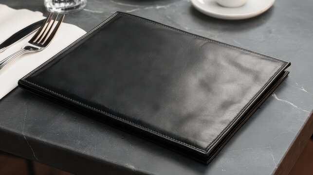 Elegant black leather menu mockup on marble table, luxury restaurant dining setting with cutlery, blank leather folder for cafe branding