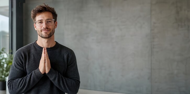 Generative AI, Calm Caucasian Man with Praying Hands Gesture in Minimalist Space