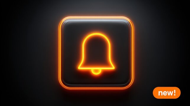 Glowing orange notification bell icon on black background, 3D neon alert symbol, modern digital interface button for mobile apps