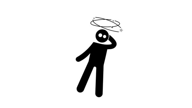 Animated icon of a person holding his head, a dizzy man with a spinning star icon above his head, dizzy icon animation. 4k video