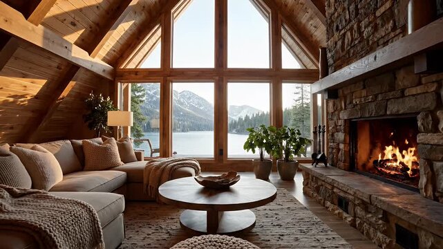 Cozy mountain lodge living room with fireplace and lake view