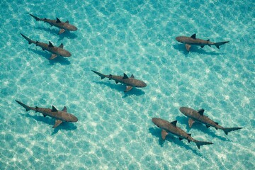 Obraz premium Sharks swimming in clear blue ocean water, aerial top view of marine wildlife