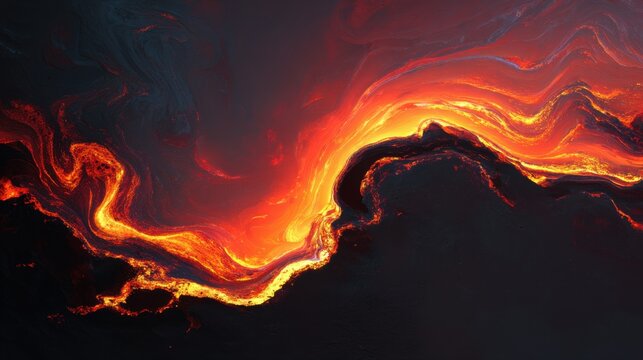 Molten lava flow abstract background, glowing orange magma ripples on dark stone, volcanic heat and fire texture