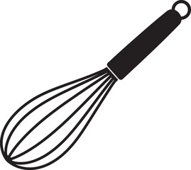 Obraz premium Black silhouette of a kitchen whisk, isolated on a white background, of a cooking utensil for baking, mixing, food also transparent background